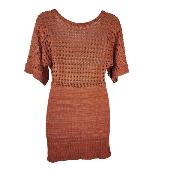 Studio Y Womens Tunic Sweater Medium Crochet Open Knit Short Sleeve Orange Scoop - Picture 2 of 6